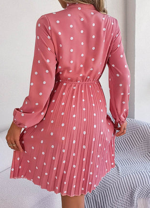 Polka Dot Tie Neck Pleated Dress - MimiStylez