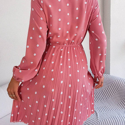 Polka Dot Tie Neck Pleated Dress - MimiStylez