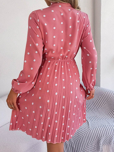Polka Dot Tie Neck Pleated Dress - MimiStylez