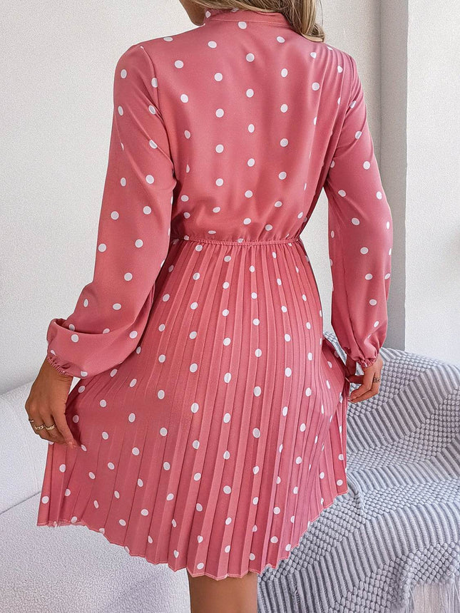 Polka Dot Tie Neck Pleated Dress - MimiStylez