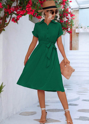 Buttoned Tie Waist Short Sleeve Dress - MimiStylez