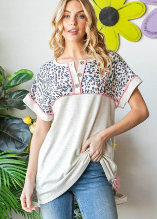 Heimish Full Size Exposed Seam Leopard Short Sleeve T-Shirt - MimiStylez