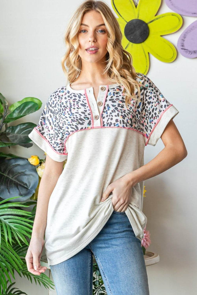 Heimish Full Size Exposed Seam Leopard Short Sleeve T-Shirt - MimiStylez