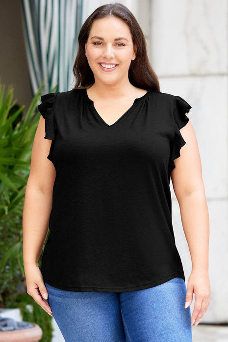 Plus Size Flutter Sleeve Notched Blouse - MimiStylez