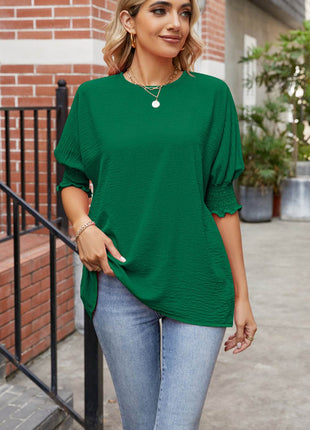 Round Neck Smocked Lantern Sleeve Blouse - MimiStylez