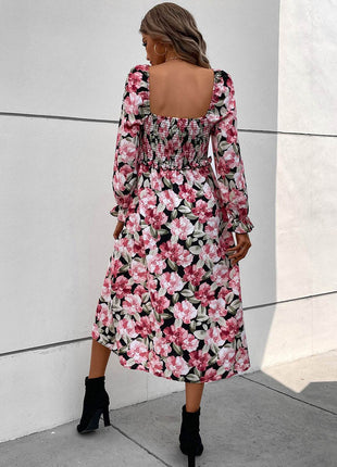 Slit Smocked Floral Flounce Sleeve Dress - MimiStylez