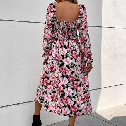 Slit Smocked Floral Flounce Sleeve Dress - MimiStylez