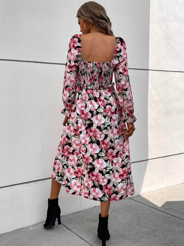 Slit Smocked Floral Flounce Sleeve Dress - MimiStylez