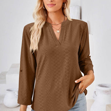 V-Neck Roll-Tap Sleeve Blouse - MimiStylez