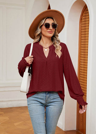 Notched Neck Flounce Sleeve Blouse - MimiStylez