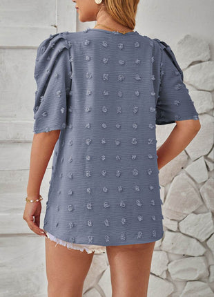 Swiss Dot Round Neck Short Sleeve Blouse - MimiStylez