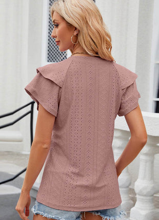 Eyelet Notched Flutter Sleeve T-Shirt - MimiStylez