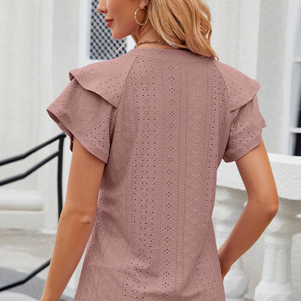 Eyelet Notched Flutter Sleeve T-Shirt - MimiStylez