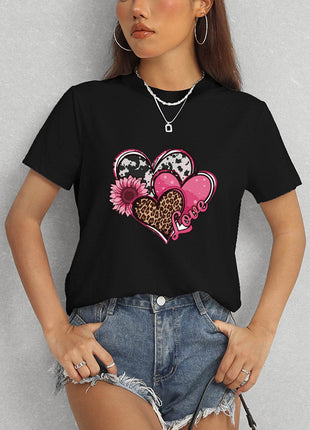 Heart Round Neck Short Sleeve T-Shirt - MimiStylez