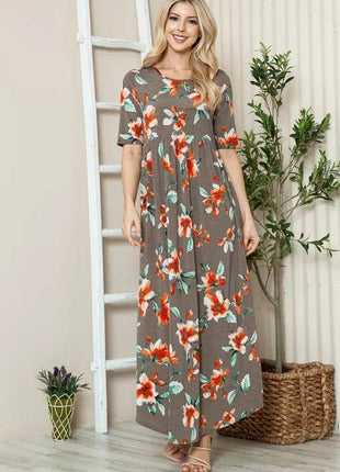 BOMBOM Floral Round Neck Short Sleeve Maxi Tee Dress - MimiStylez