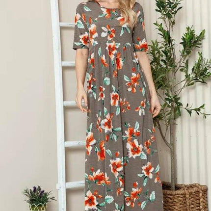 BOMBOM Floral Round Neck Short Sleeve Maxi Tee Dress - MimiStylez