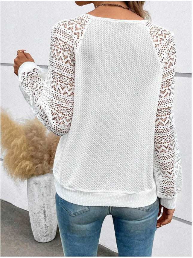 Lace V-Neck Raglan Sleeve Top - MimiStylez
