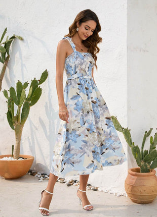 Smocked Printed Square Neck Midi Dress - MimiStylez