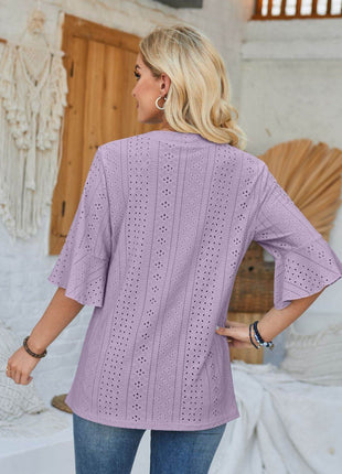 Eyelet Notched Half Sleeve T-Shirt - MimiStylez