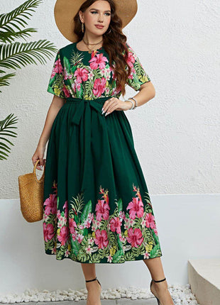 Floral Tie-Waist Round Neck Dress - MimiStylez
