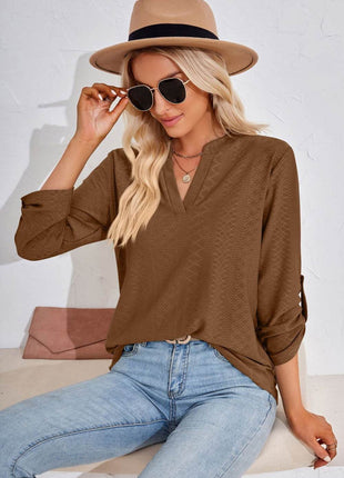 V-Neck Roll-Tap Sleeve Blouse - MimiStylez