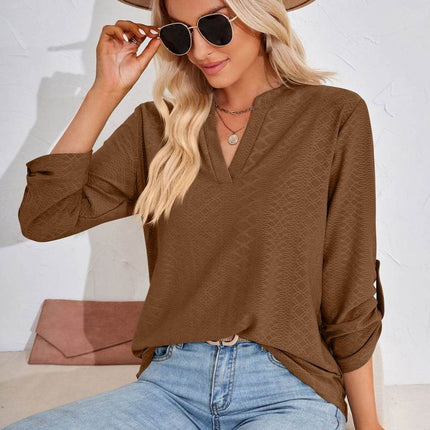 V-Neck Roll-Tap Sleeve Blouse - MimiStylez