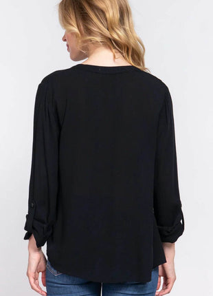 ACTIVE BASIC Full Size Notched Long Sleeve Woven Top - MimiStylez