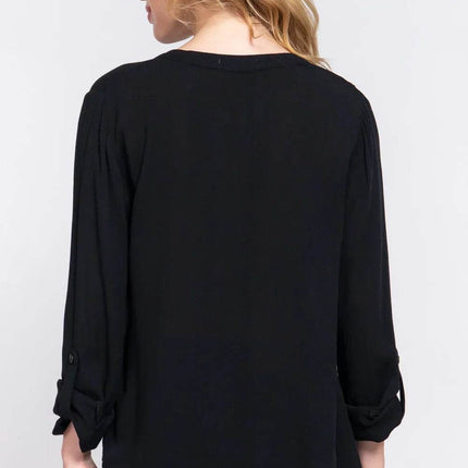 ACTIVE BASIC Full Size Notched Long Sleeve Woven Top - MimiStylez