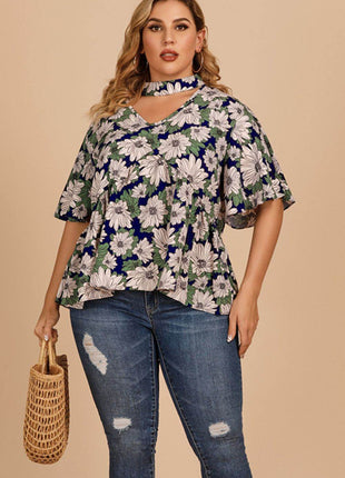 Plus Size Floral Flutter Sleeve Cutout Blouse - MimiStylez