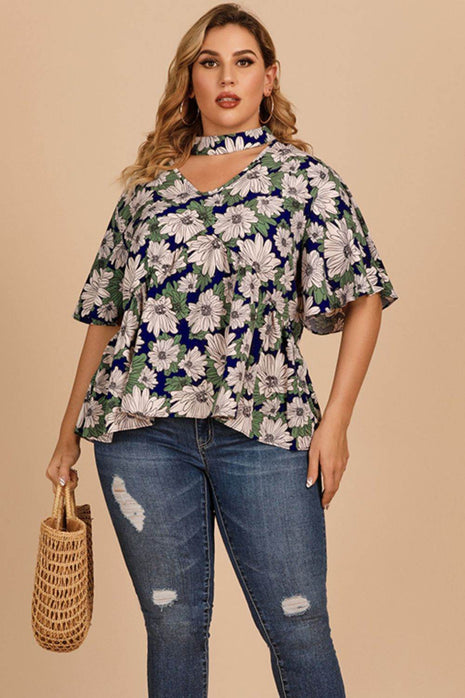 Plus Size Floral Flutter Sleeve Cutout Blouse - MimiStylez
