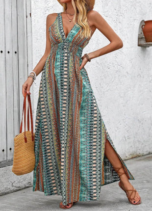 Tied Back Printed Sleeveless Maxi Slit Dress - MimiStylez