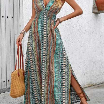 Tied Back Printed Sleeveless Maxi Slit Dress - MimiStylez
