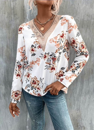 Printed V-Neck Long Sleeve Blouse - MimiStylez
