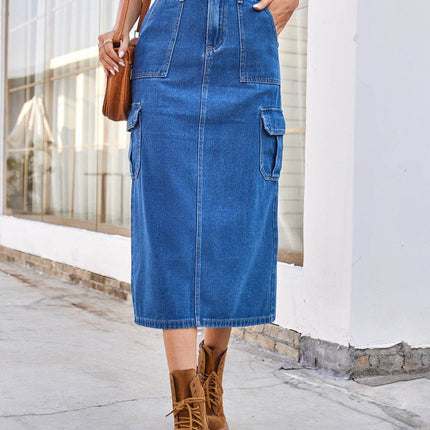 Slit Midi Denim Skirt with Pockets - MimiStylez