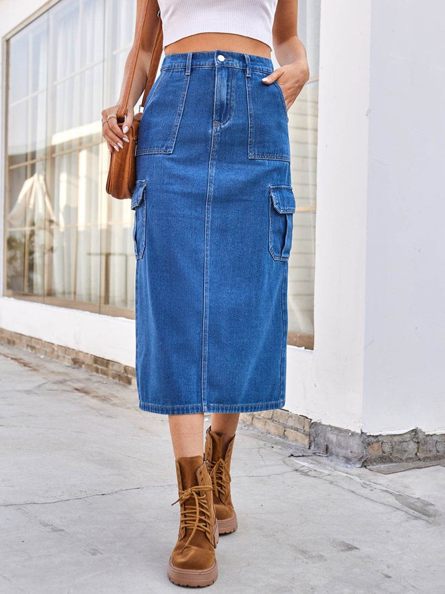 Slit Midi Denim Skirt with Pockets - MimiStylez