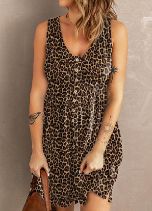 Double Take Printed Scoop Neck Sleeveless Buttoned Magic Dress with Pockets - MimiStylez