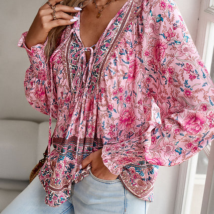 Blusa boêmia com decote em V e manga lanterna