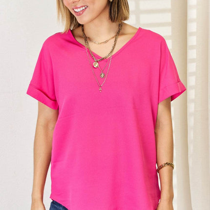 Zenana V-Neck Rolled Short Sleeve T-Shirt - MimiStylez