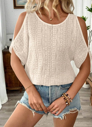Eyelet Cold Shoulder Round Neck Blouse - MimiStylez