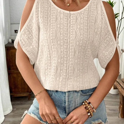 Eyelet Cold Shoulder Round Neck Blouse - MimiStylez