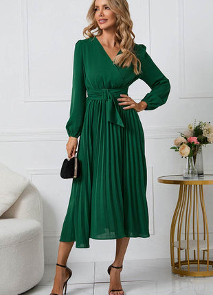 V-Neck Long Sleeve Tie Waist Midi Dress - MimiStylez