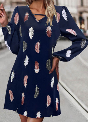 Feather Print V-Neck Dress - MimiStylez
