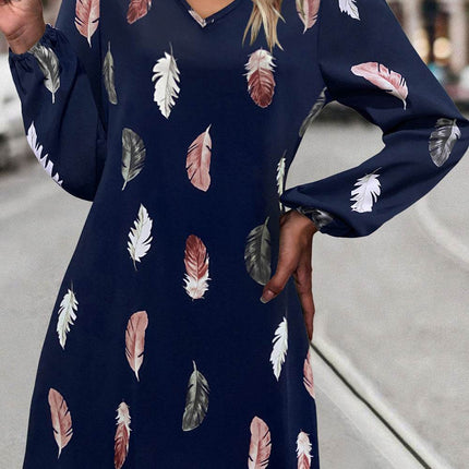 Feather Print V-Neck Dress - MimiStylez