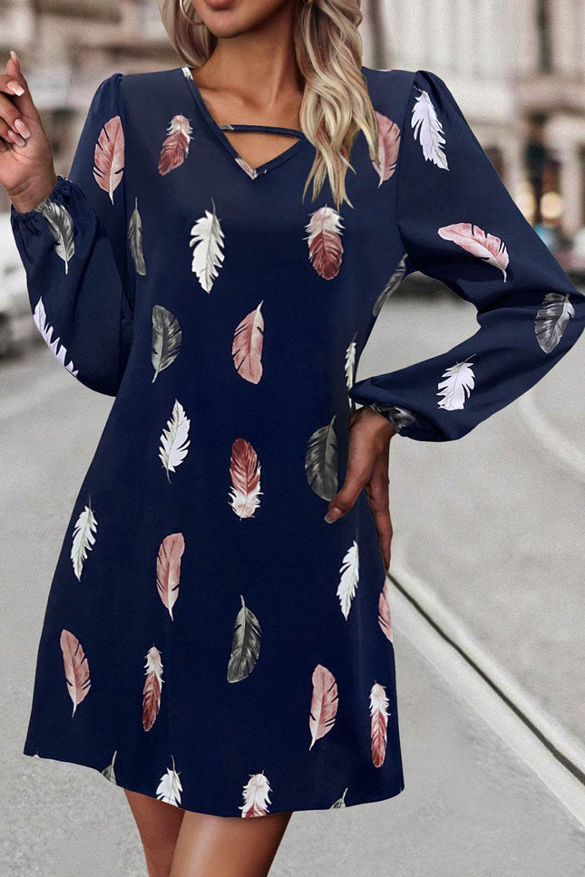 Feather Print V-Neck Dress - MimiStylez