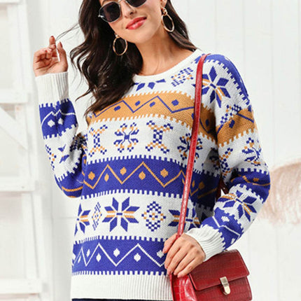 Snowflake Pattern Round Neck Sweater - MimiStylez