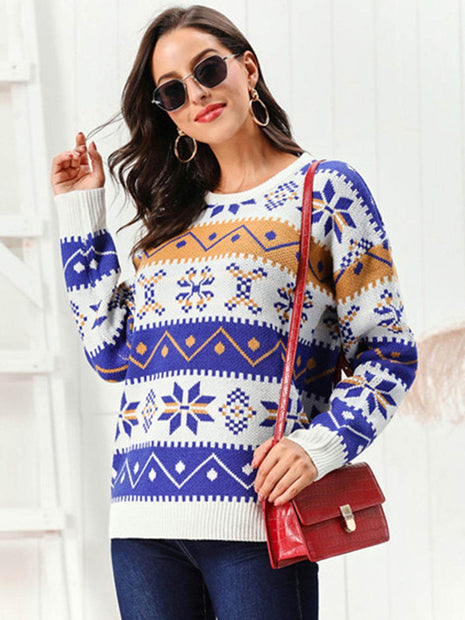 Snowflake Pattern Round Neck Sweater - MimiStylez