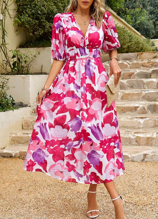 Printed Puff Sleeve Midi Dress - MimiStylez