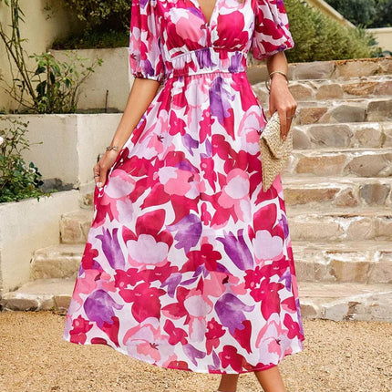 Printed Puff Sleeve Midi Dress - MimiStylez