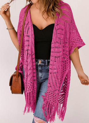 Openwork Open Front Cardigan with Fringes - MimiStylez