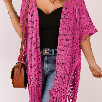 Openwork Open Front Cardigan with Fringes - MimiStylez